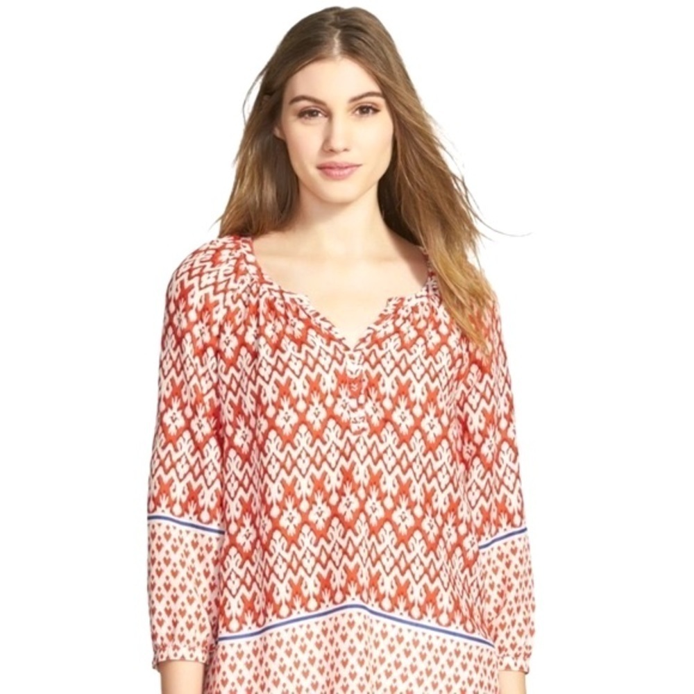 Beach Lunch Lounge Red Sonya Print Long Sleeve Peasant Blouse Size Small